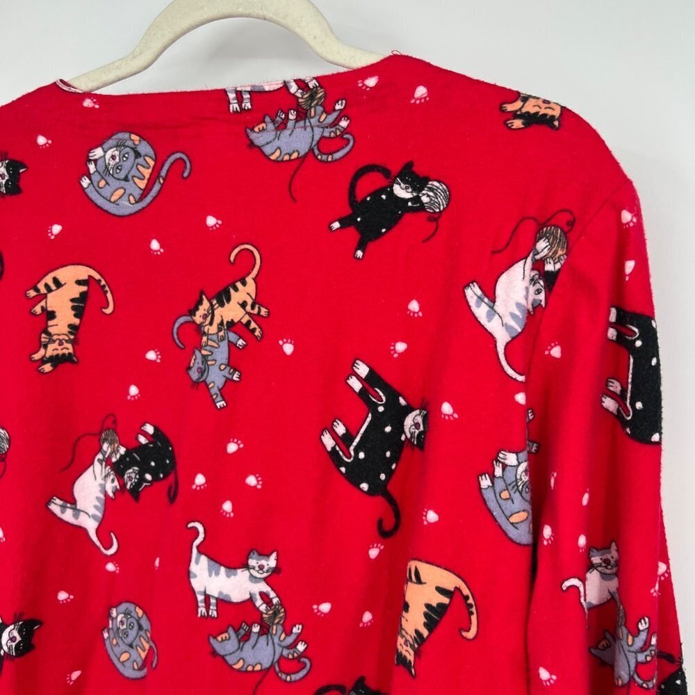 LA CERA Cat Flannel Night Gown Shirt Red Cotton Button Winter Women’s Size Large - Picture 8 of 11